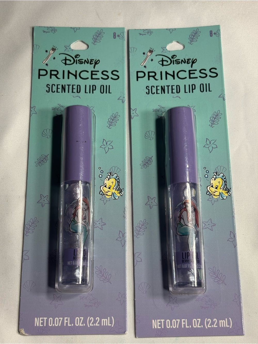 2 New Disney Princess Ariel Scented Lip Oil - Lavender Cap, Clear Oil